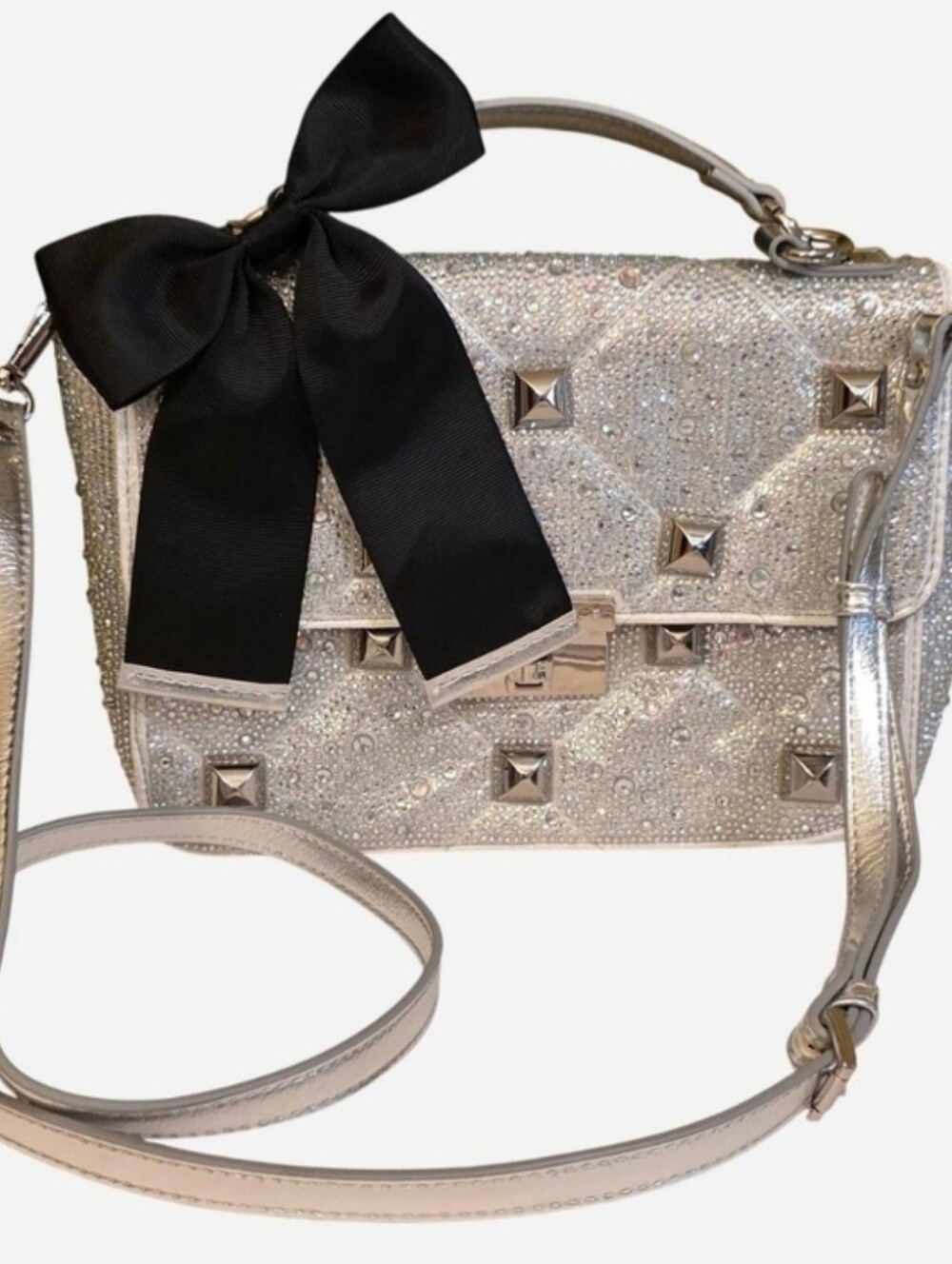 LIKE-NEW Betsey Johnson Silver Crystal Studded Purse w/Bow, Sparkle, Rhinestones - Picture 10 of 13